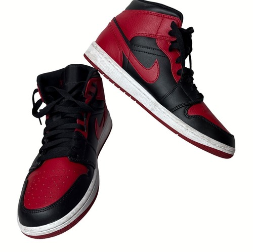 Nike Air Jordan 1 Mid Bred Retro Basketball Shoes Mens 9.5 Black/Red Leather
