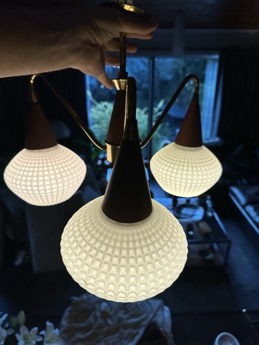 Vintage 1960s Danish Teak And Brass 3 Waffle Glass Ceiling Light - Picture 3 of 23