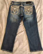 Vigoss The Dallas Capri Blue Jeans Women 3/4 Heavy Stitch Embroidered Rhinestone