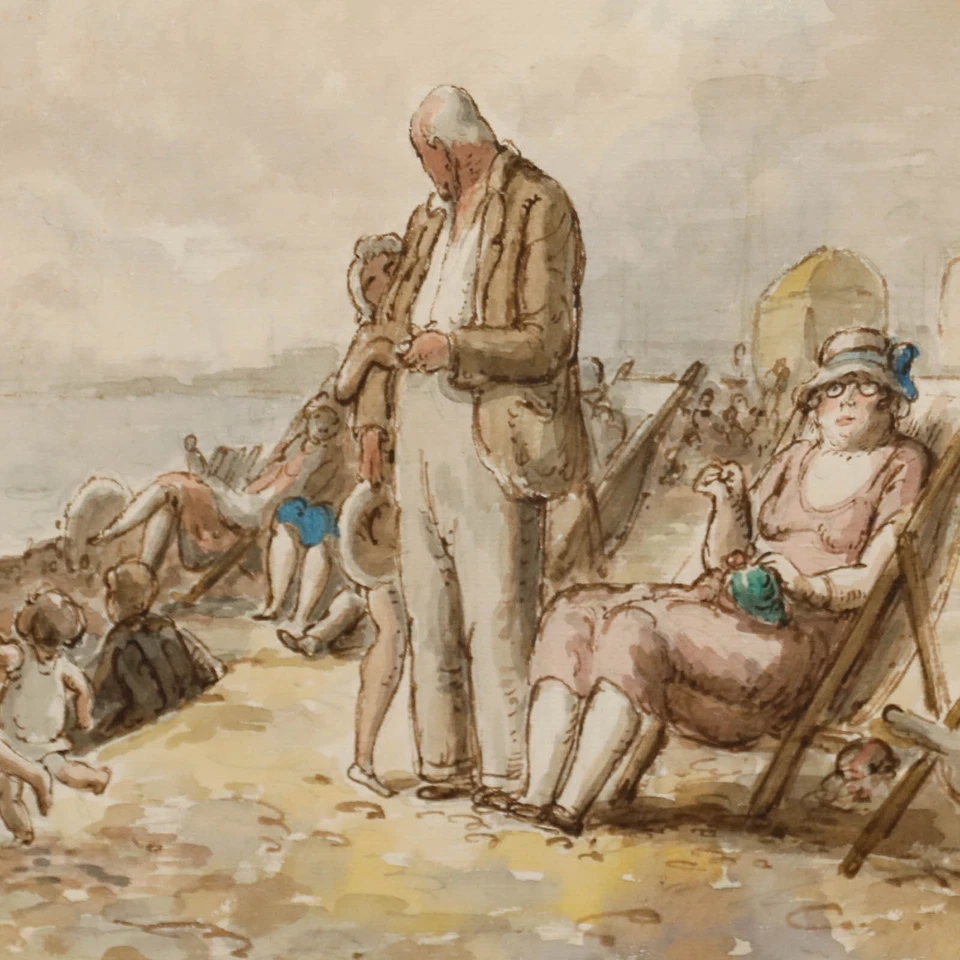 Harold Hope Read (1881-1959) - Acuarela enmarcada, multitudes en la playa Foto 4 de 4