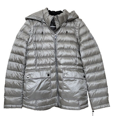 DKNY woman down Packable jacket S Metallic Silver Hooded Removable Sleeve(vest)