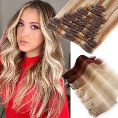 100% Real Remy Human Hair Extensions Clip In 8Pcs Full Head Grey OMBRE HIGHLIGHT