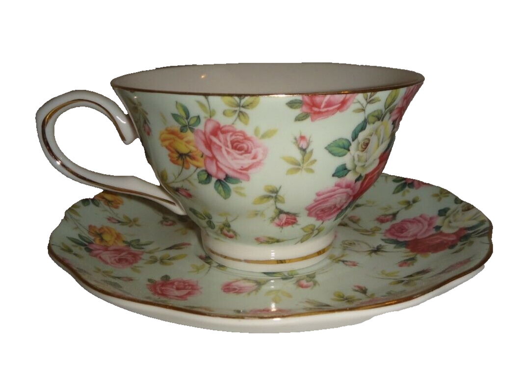 GRACIE CHINA 2-PC Set Floral Multicolor Pottery Tea Cup Saucer Dishwasher  Safe