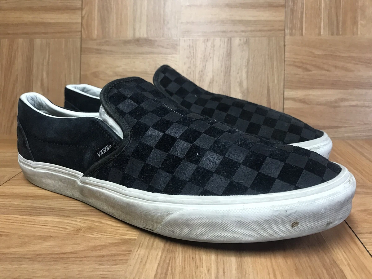 RARE VANS Classic Slip on Black Suede Checkerboard Mono Sz 12 Waffle Sole