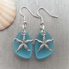 Handmade in Hawaii, Turquoise bay blue "Twin Starfish" sea glass earrings,