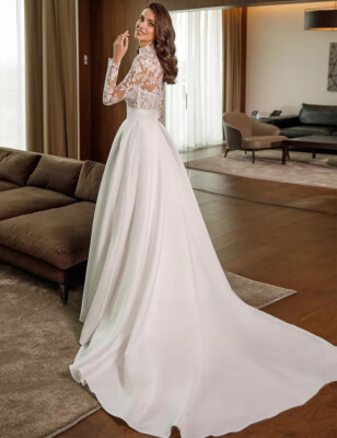 Elegant High Neck Long Sleeve Applique Illusion Back A Line Satin Wedding  Dress | eBay