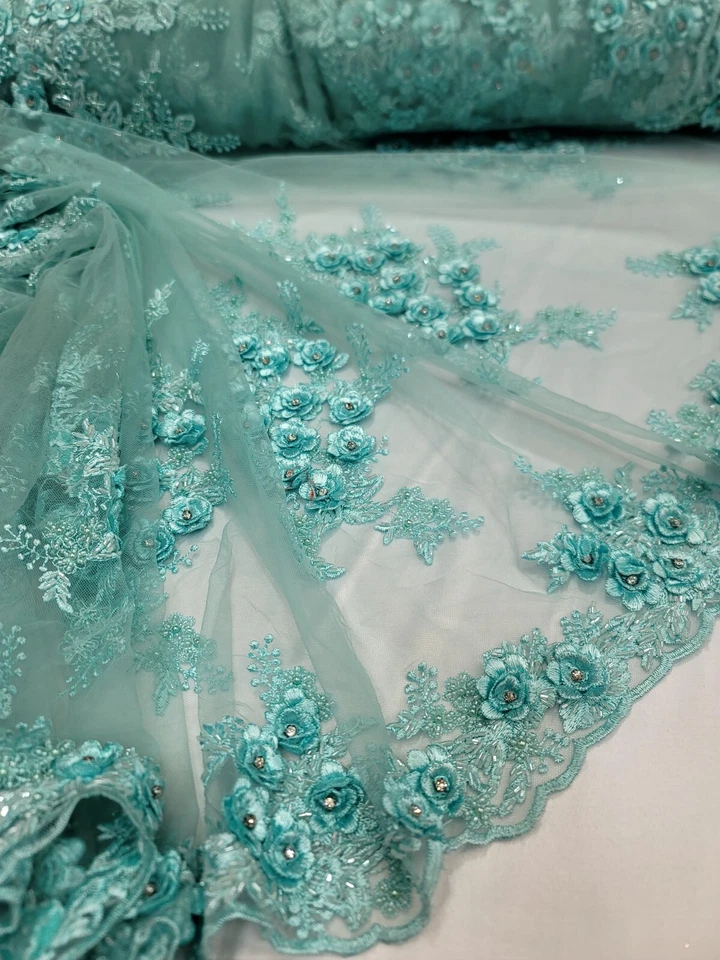 Mint 3D Floral Lace Fabric by the Yard Flowers on Mint Mesh for Dresses Prom - Image 2 of 4