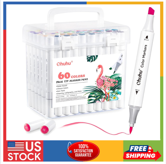 Ohuhu 60 Color Brush & Chisel Tip Markers Water-Based Art Set-image