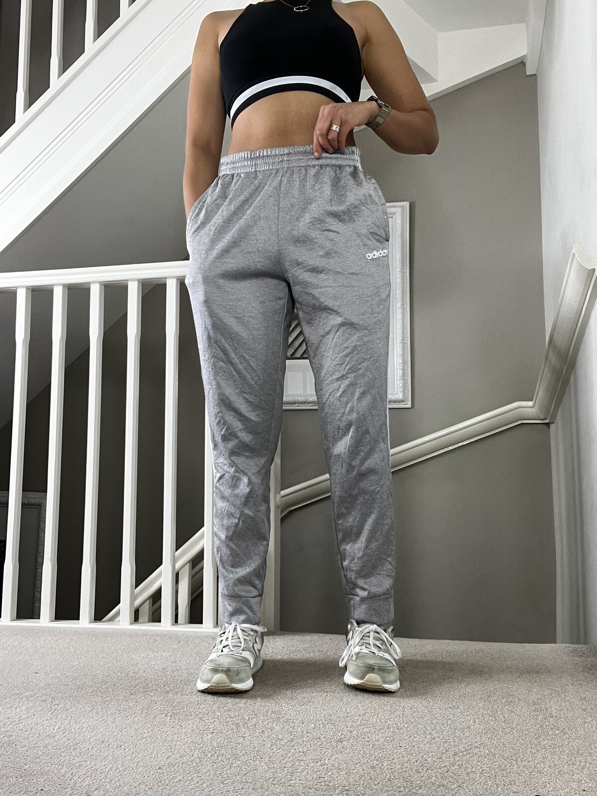 Adidas Grey High Waist Track Pants Joggers Gymwear Cuffed Leg Size M