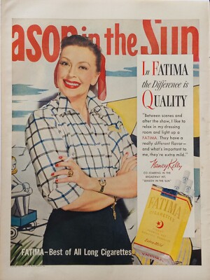 Vintage Fatima cigarettes print ad. Featuring Nancy Kelly