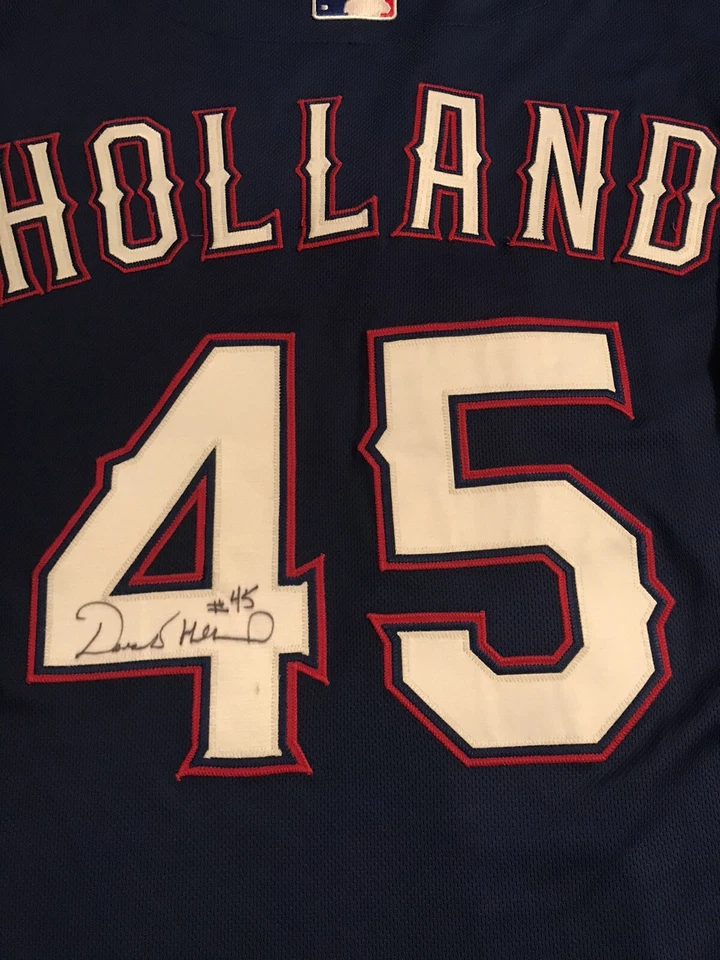 Camiseta deportiva autografiada Derek Holland #45 auténtica sobre el campo Texas Rangers azul 48/XL Foto 2 de 4