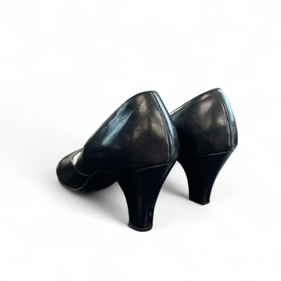 1950s Vintage Black Peep Toe Leather Women's Heels Size 9 .5 Made in USA - Image 3 of 4