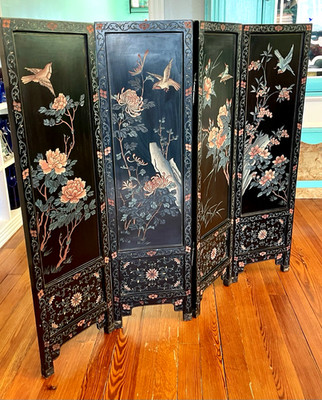 VINTAGE ASIAN 4 PANEL BLACK LACQUER CARVED FOLDING SCREEN 36'' ROOM DIVIDER BIRDS