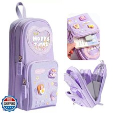 Large Capacity Kawaii Purple Pencil Case - Cute 3-Compartment Stationery Orga