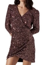ASTR The Label Womens Paris Dress in Rose Disco Sequin Wrap Mini Party M Medium