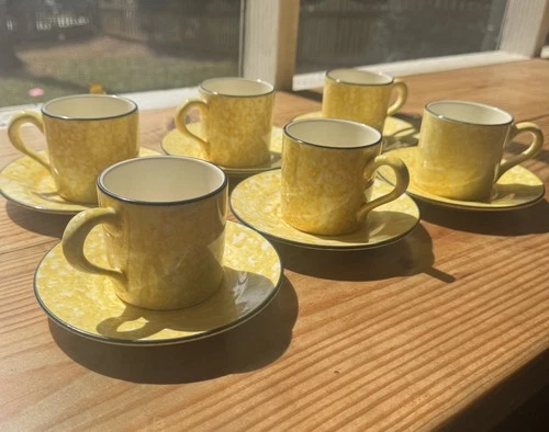 Vintage Stangl Pottery Cups & Saucers | Set Of 6 | Yellow Spongeware Mid Century