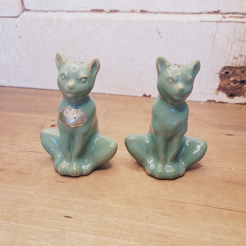 Rosemeade Pottery Green Cat Salt and Pepper Shakers Vintage Set 3.75 Inch