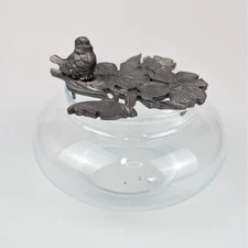 Vtg Metzke Bird Flower Pewter Metal Glass Jar Trinket Dish Potpourri Decor Bowl