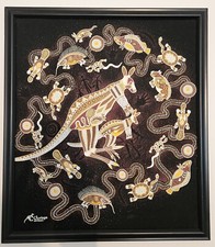Vintage Aboriginal Dot Art Painting On Fabric. Ft. Kangaroos In The Center.