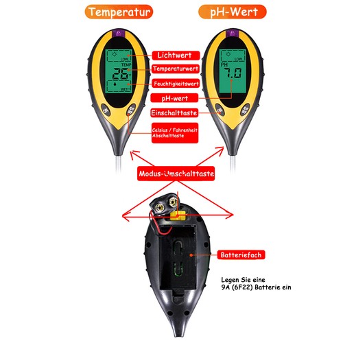 LCD 4 en 1 medidor de suelo pH temperatura humedad luz probador de suelo NUEVO - Imagen 5 de 17