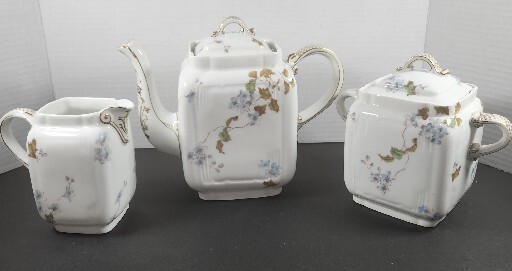 Crema de tetera Charles Field Haviland flores azules azúcar hojas verdes doradas...