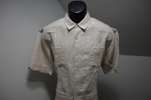 Cubavera Hawaiian Cargo Shirt Beige Ramie Viscose Relaxed Mens Size Medium - Picture 2 of 7