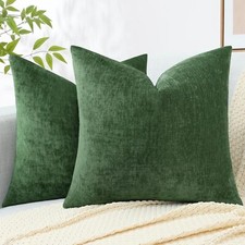 Pack of 2 Moss Green Pillow Covers Cases Only, 18x18 Soft Chenille, No insert
