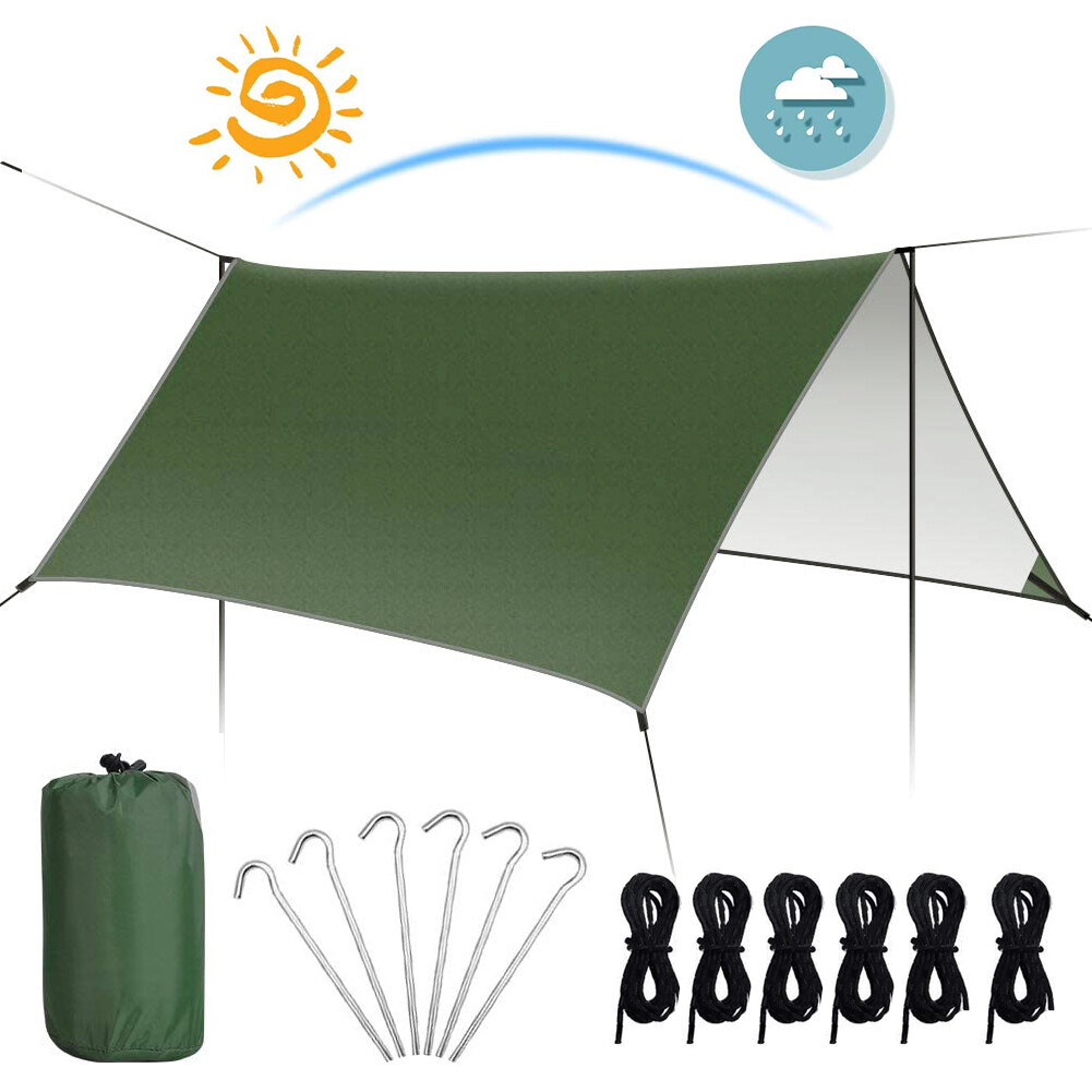 GUHAOOL Waterdicht Tarp 3x3m – Met Oogjes, Nylon Touwen En Haringen, UV-bestendig, 800g, Voor Camping, Picknick En Hangmat