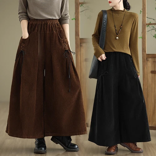 Pantaloni lunghi donna vita alta linea A tasche stringati velluto a coste gambe larghe - Foto 5 di 19