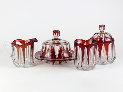 Tarentum Puritan Ruby Stained Table Set, Antique Glass EAPG Butter Creamer Sugar
