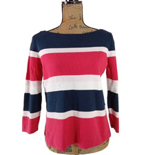 Ann Taylor Sweater Size S Pink Navy Blue Stripe 3/4 Sl Stretch Split Top NICE