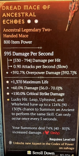 Diablo 4 S9 Season 9 Legendary Mace 2GA 1370 max life 150% Critical damage - 第 1/1 張圖片