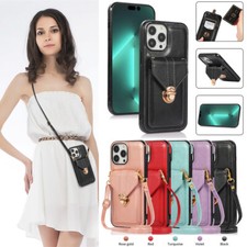 For iPhone 17 Pro Max 16 15 14 13 12 7 Leather Flip Card Wallet Case W/ Lanyard