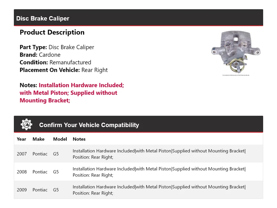 For 2007-2009 Pontiac G5 Disc Brake Caliper Rear Right Cardone 2008 - Image 2 of 4