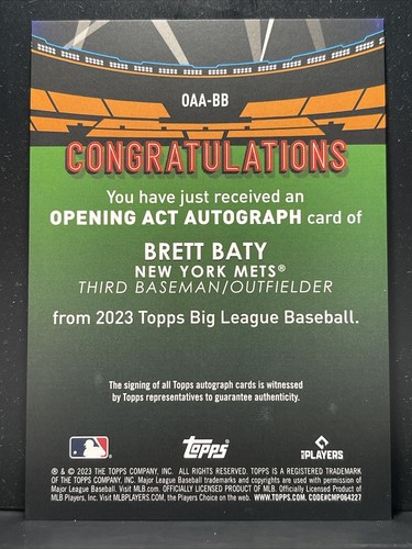 2023 Topps Big League Baseball Opening Act Auto Brett Baty RC New York Mets - Picture 2 of 2
