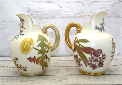 Pair of Royal Worcester Antique Hand Painted Flat Back Ewers Pitchers Jugs 1094