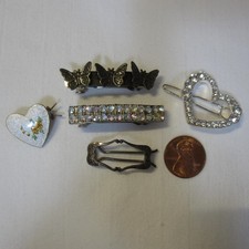 Five Vintage Small Delicate Barrettes Rhinestones Hearts and Butterflys