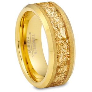 Authentic Gold Plated Tungsten Carbide Ring Mens Wedding Band Gold Nugget Flakes Inlay