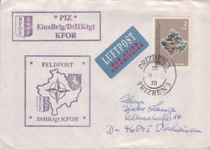 UN Mission Kosovo, Feldpost NATO DtHKtgt 2DM postage Apr 10, 2001 monarch size