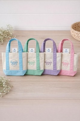 Trader Joe's Mini Tote Bags Pastel Set 4 Colors Pink Purple Green Blue New