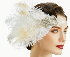 FLAPPER HEADBAND-Elegant Ivory Ostrich Feathers and Silver Rhinestone Headband