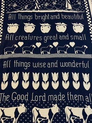 Blue white Tapestry Throw blanket All Creatures Bright &Beautiful hymn Farmhouse