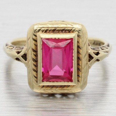 Antiker Art Deco Cocktail Ring Smaragdschliff Rubellit - 14 Karat Gelbgold