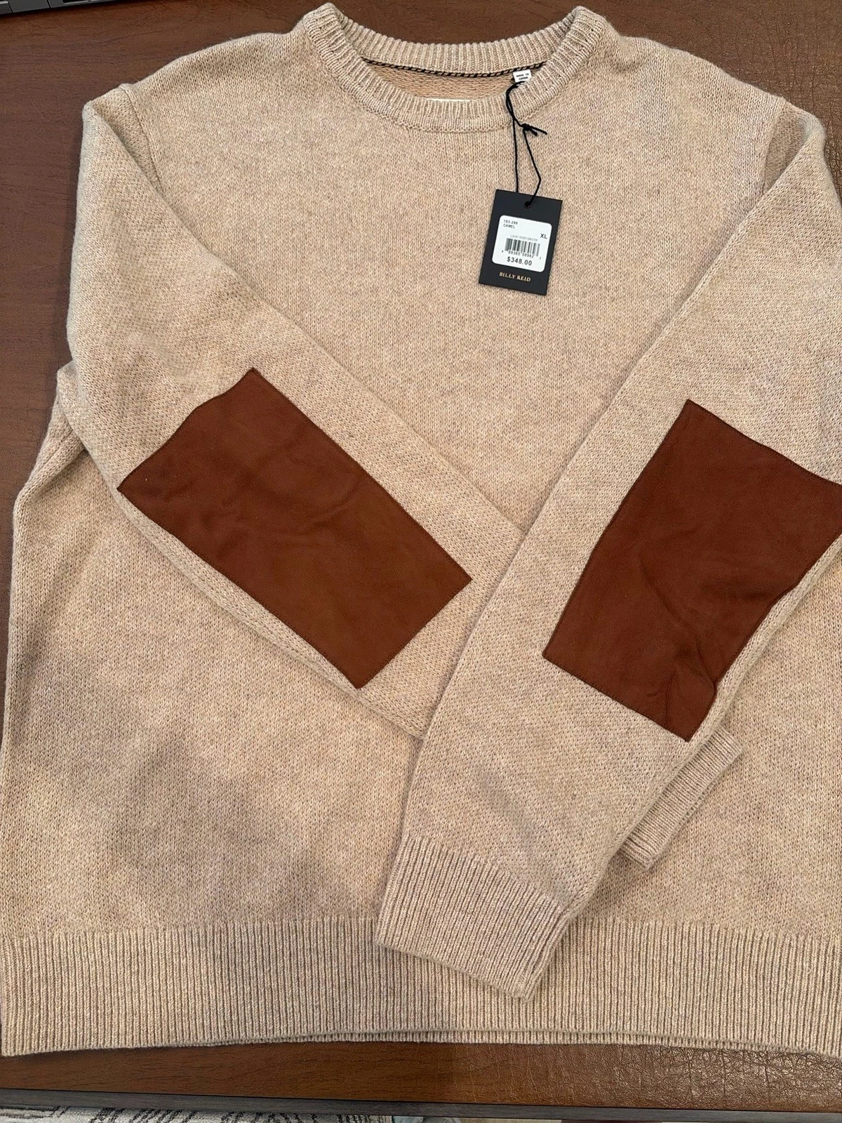 $348 Billy Reid Luxury Dover Sweater Size NWT suede Patches Camel Color