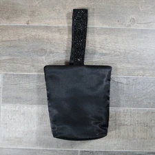 Small Prescriptives Black Satin Evening Bag Beaded Wristlet Strap Makeup Pouch