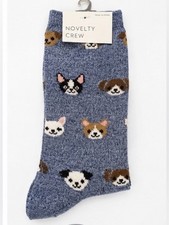 Novelty Crew Socks Dog Faces Heather Blue Crew Socks NWT 13"