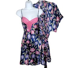 Vintage Peignoir Set Knee Length Satin Blue Floral Slip Gown Robe Womens Large