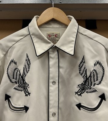 Vintage H Bar C Double Eagle Western Shirt Size Mens 17.5 Pearl Snap Cream Ivory