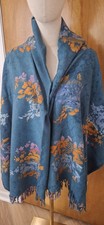 Scarf Batik Rayon Teal W/ Orange  Blue Flowers 66" Long 45" Wide Indonesian
