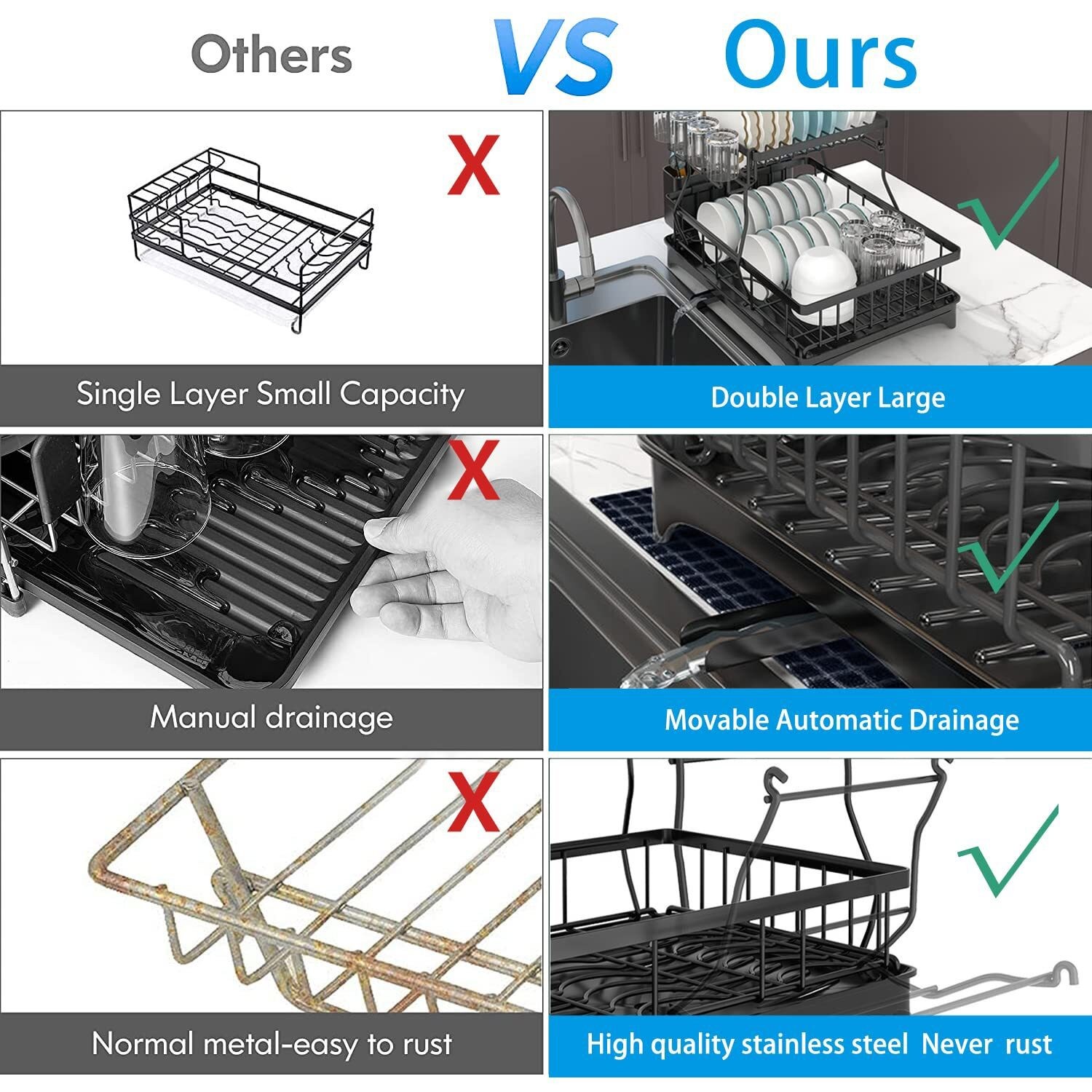 Over Sink Dish Drying Rack 2-Tier Stainless Steel Kitchen Shelf Cutlery Drainer